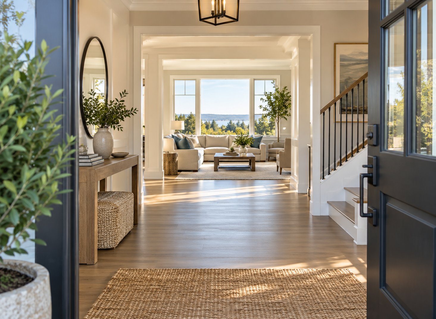 Open front door leading into a bright home interior