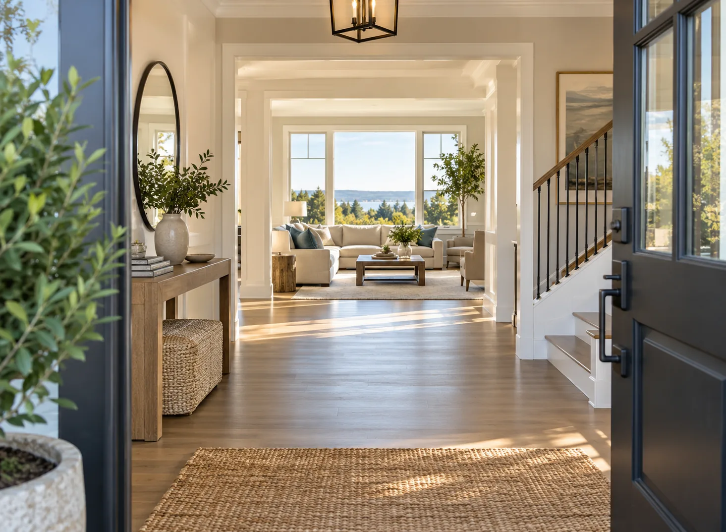 Open front door leading into a bright home interior