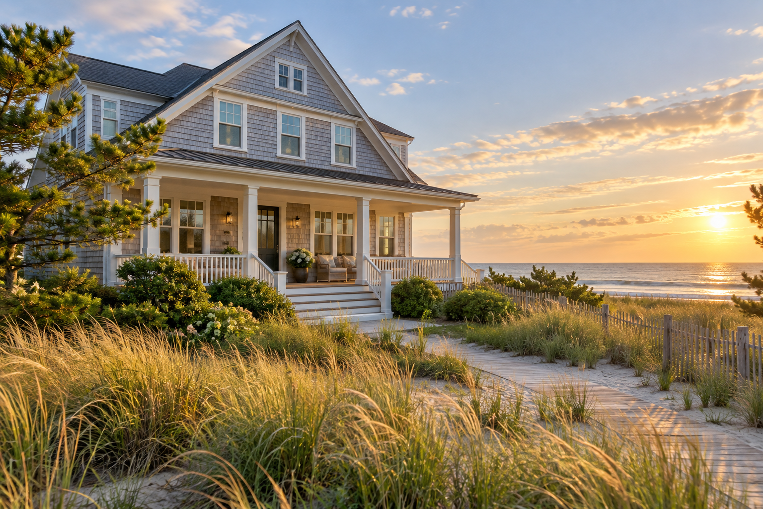 Coastal-style Delaware home near dune grasses and the beach
