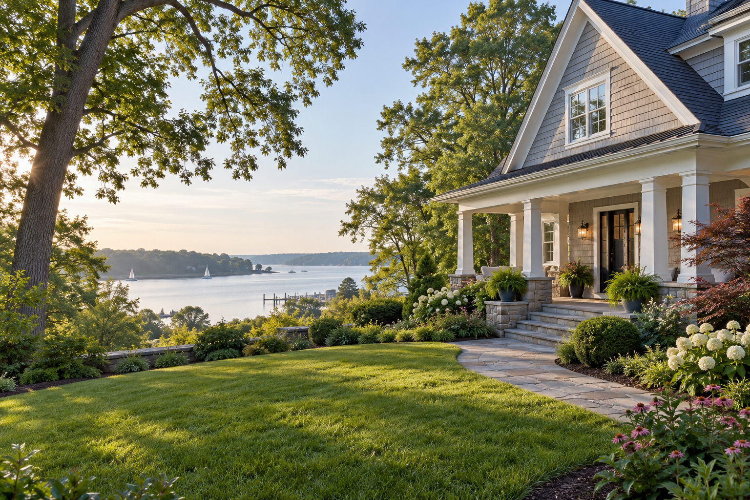 Maryland home surrounded by mature greenery with water in the distance