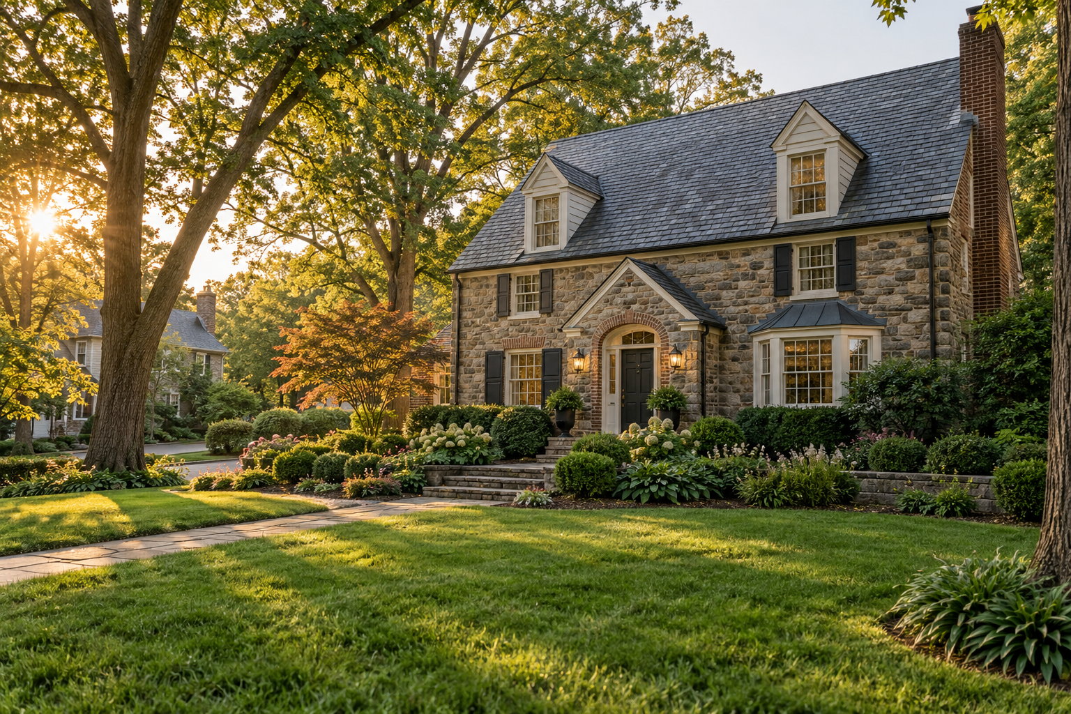 Traditional Pennsylvania stone home in an established leafy neighborhood