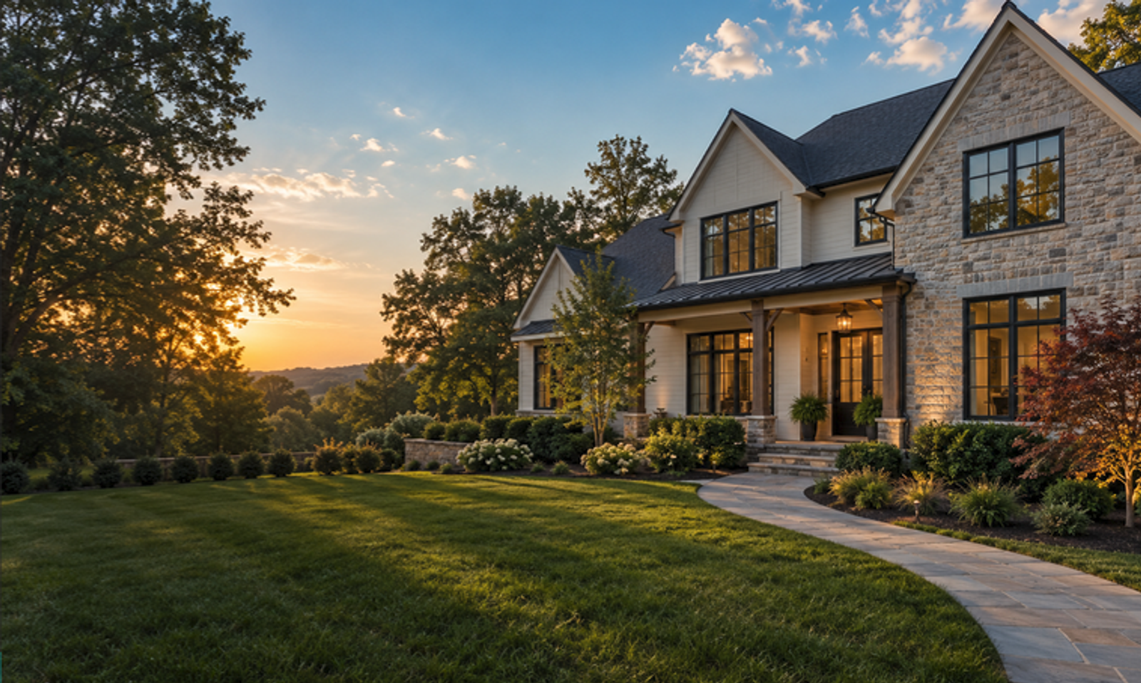 Upscale stone and white home at sunset, professionally presented for sale