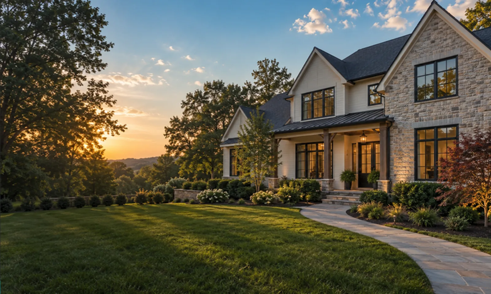 Upscale stone and white home at sunset, professionally presented for sale